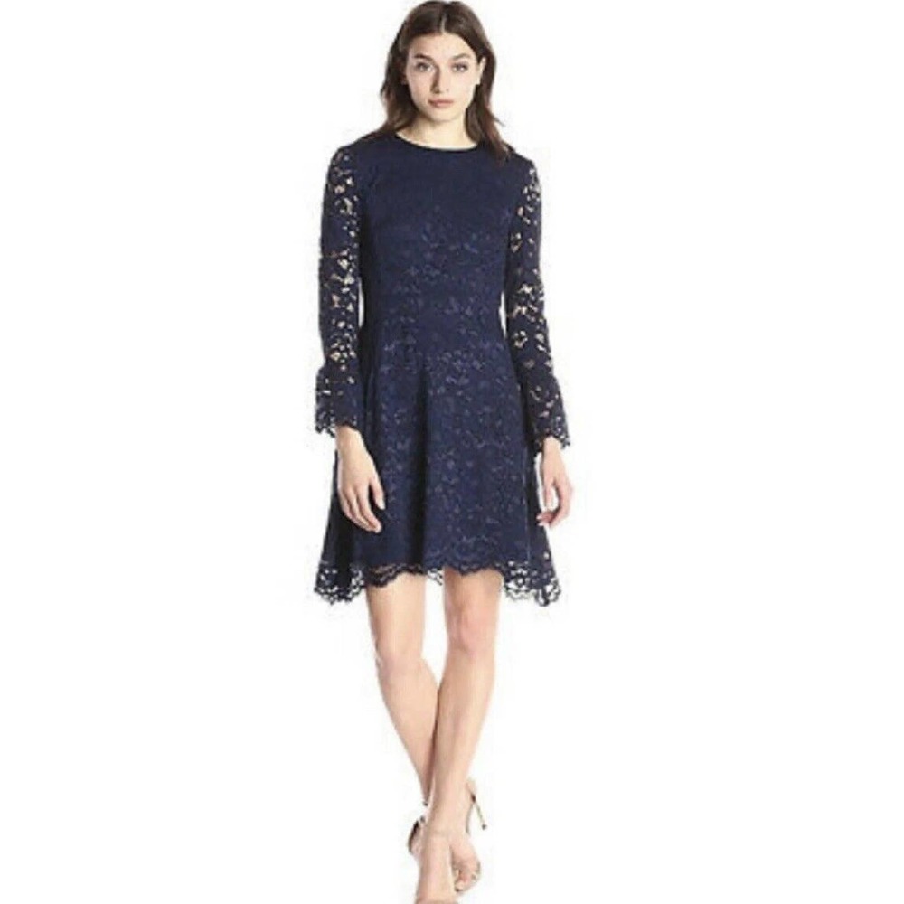 Betsey Johnson Dress Women’s 10 Long Bell Sleeve Navy Lace Knee Length Back Tie